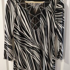 JM Collection Black and White Striped Blouse with Contrasting Yoke